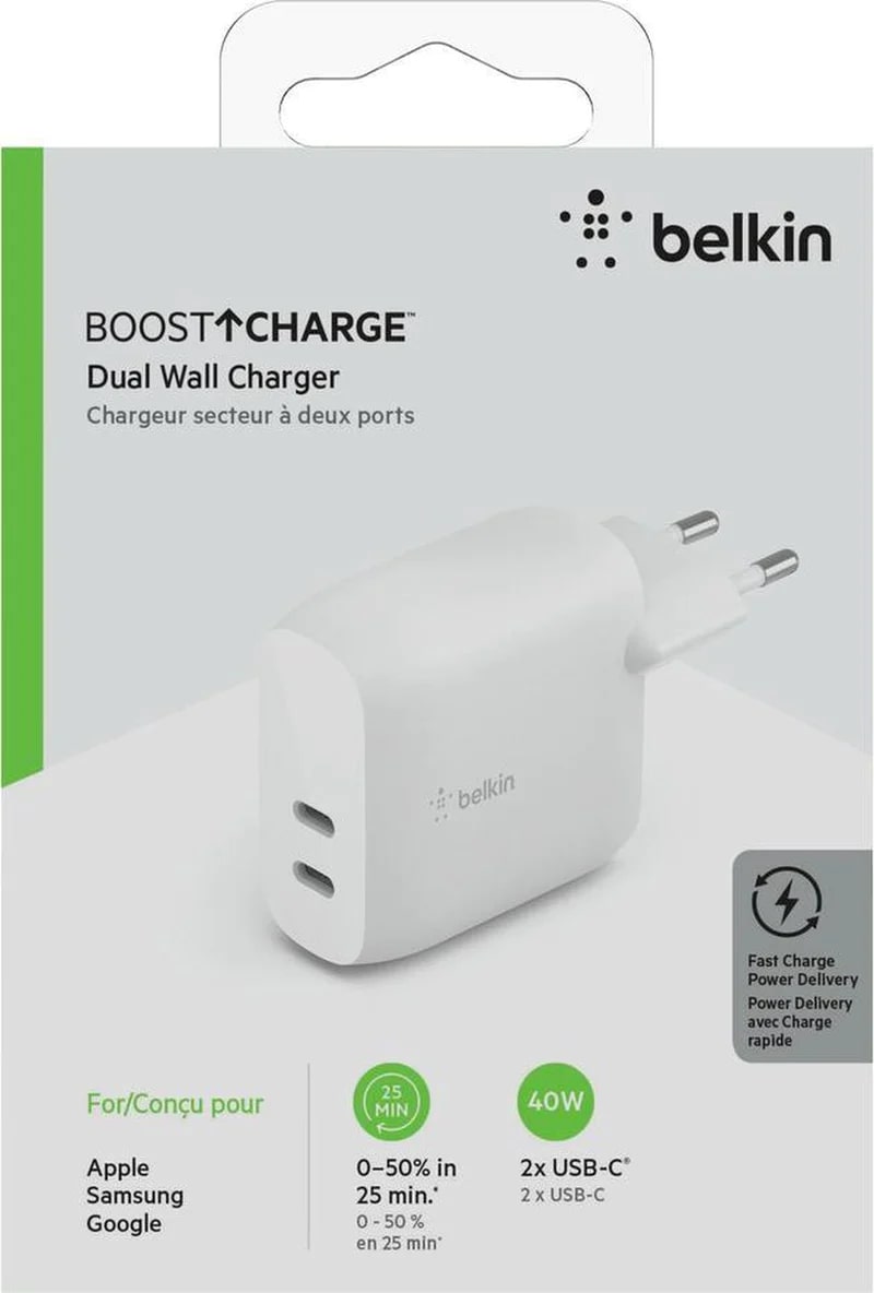 Belkin 40W Dual USB-C PD Wall Charger (20W USB-C + 20W USB-C) WCB006vfWH