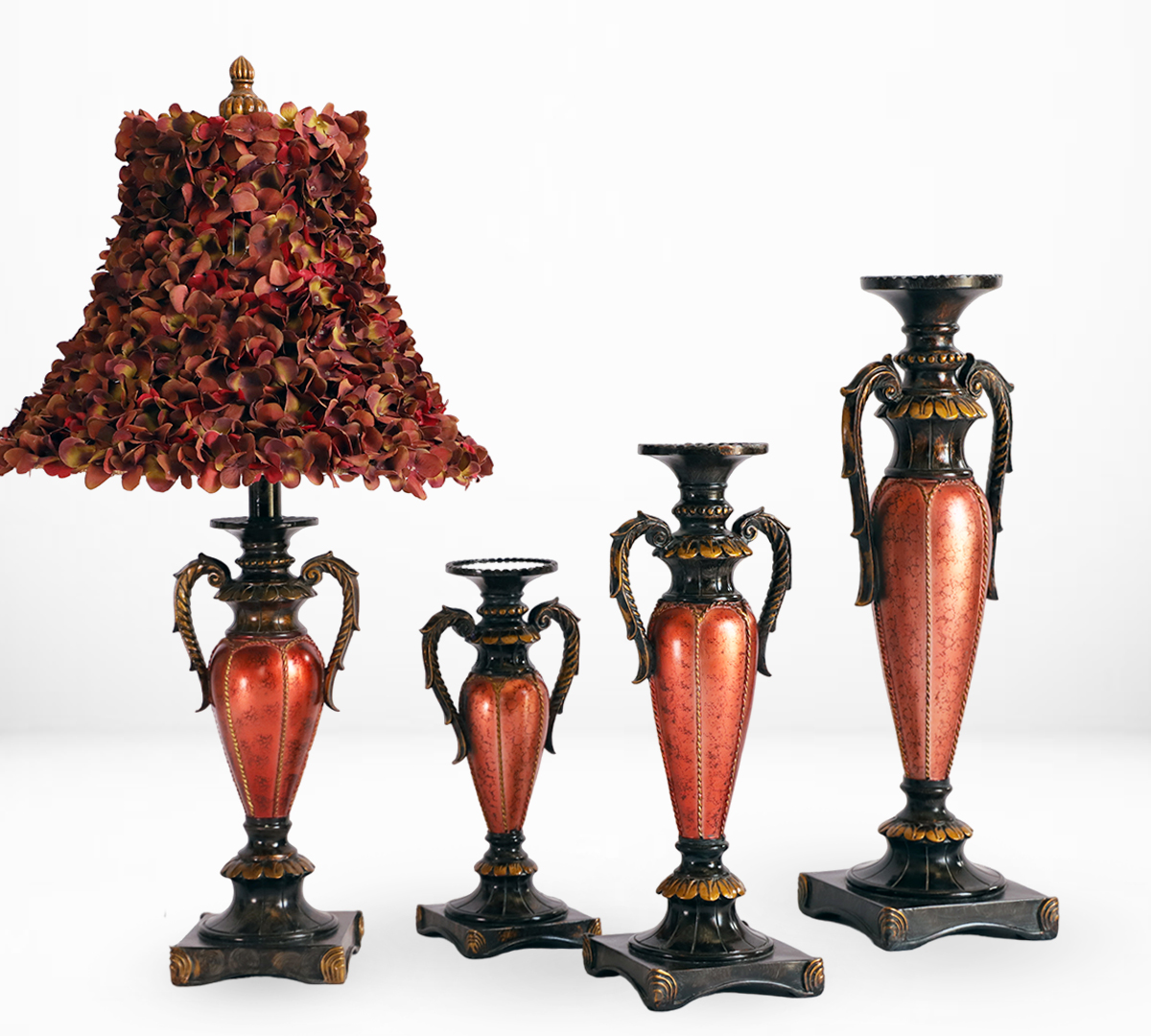 A Set Of Vases With Lampshades Covered With Artificial Rose Leaves - Hand Arranged