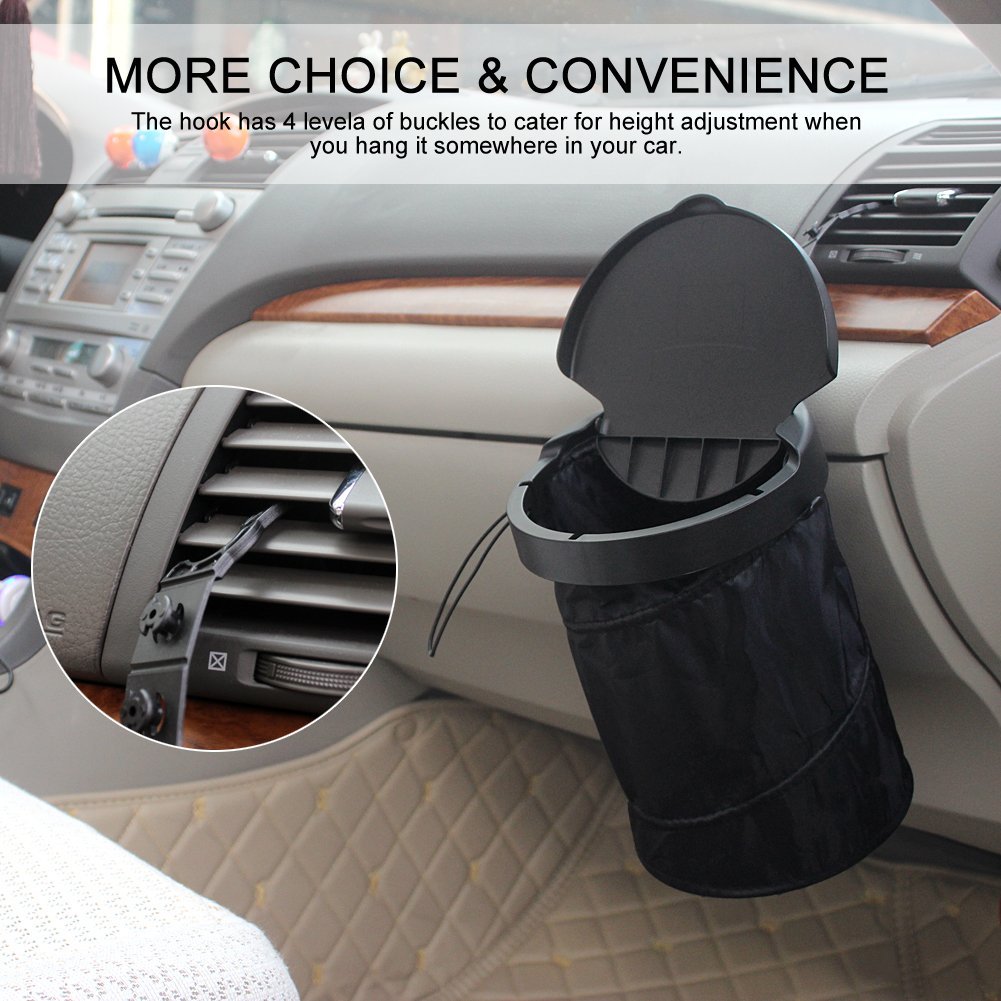 Folding fabric hanging trash can with cover for cars in black color