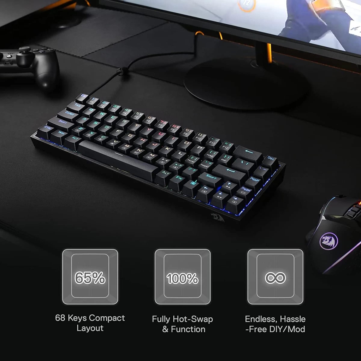 Redragon K631 Castor Wired Gaming Keyboard 65% RGB 68 Keys