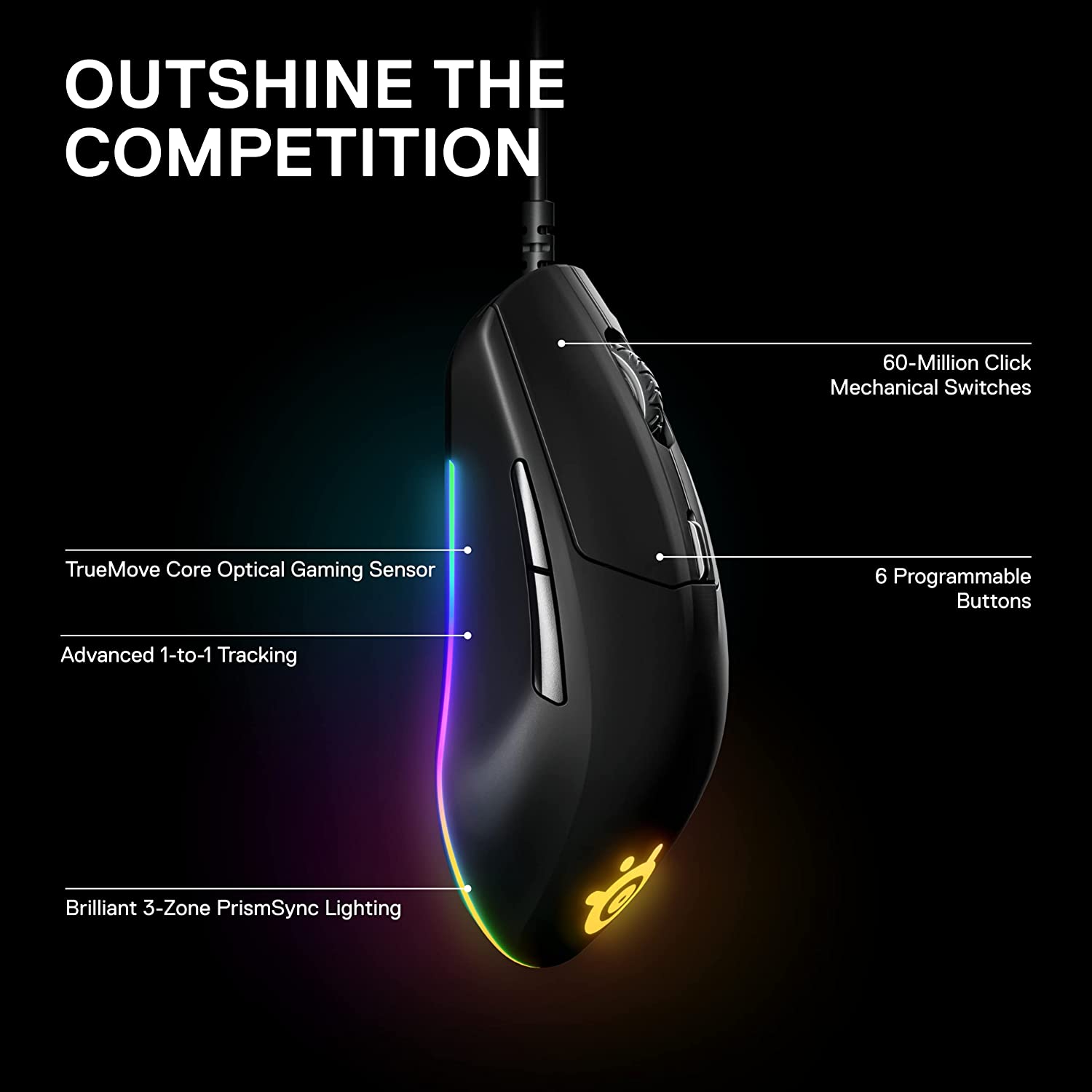 Rival 3 gaming mouse with TrueMove Core 8500 CPI Optical Sensor