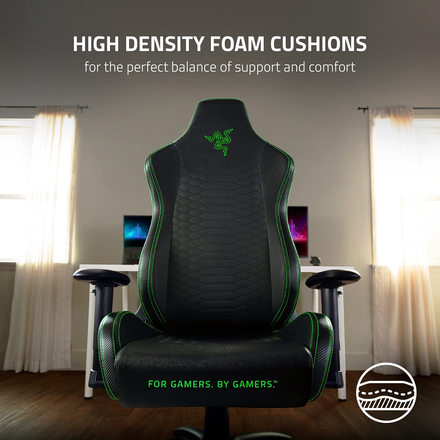 Razer Iskur X Ergonomic For Hardcore Gaming Multi-Layered Leather High-Density Foam - Black/Green