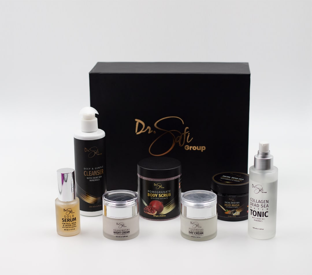 Package of Dr. Safi Face Care, to cover all five skincare steps Cleanser, Toner, Serum, Day and Night Moisturizer.