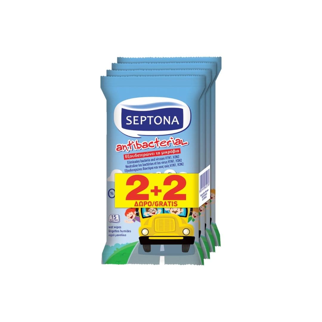 Septona Kids on the go Antibacterial Wipes 15 pcs 2+2