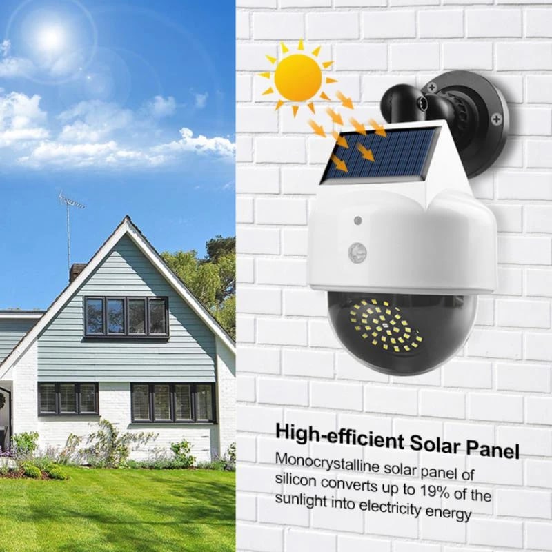 Solar powered light in the form of a security camera