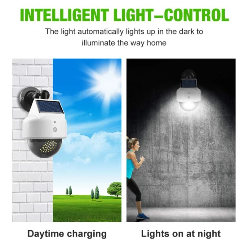 Solar powered light in the form of a security camera