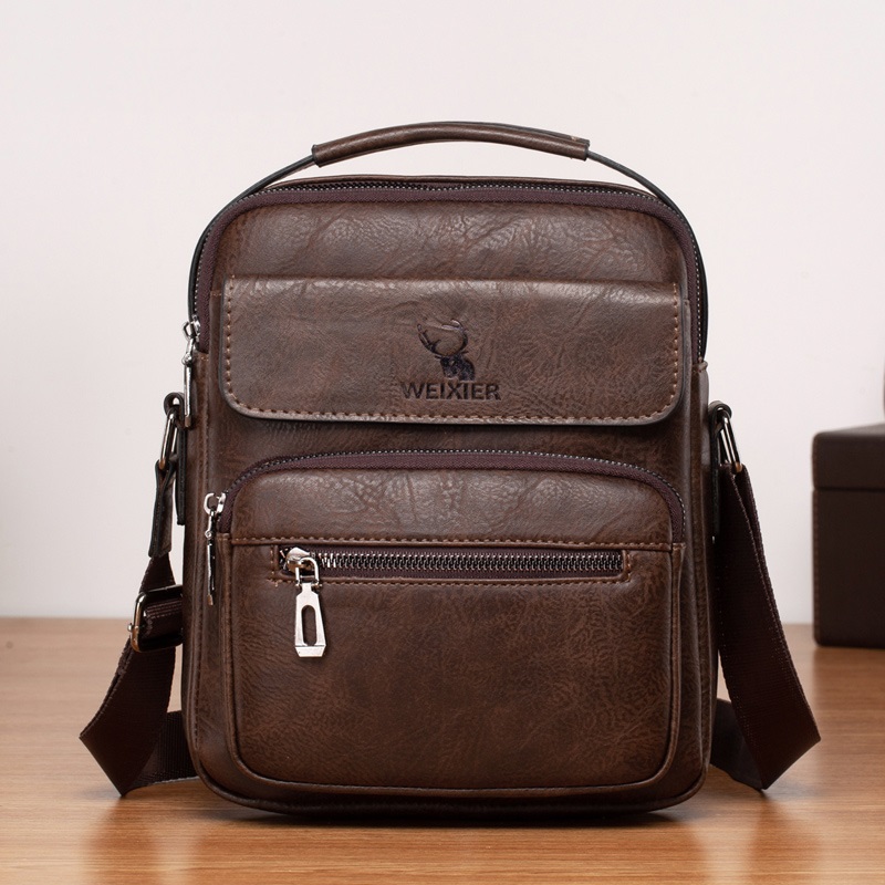 WEIXIER Large PU Leather Business Crossbody Handbag for Men - Dark Brown