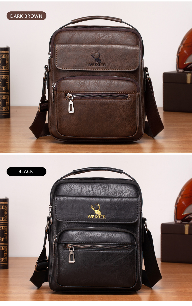 WEIXIER Large PU Leather Business Crossbody Handbag for Men - Dark Brown