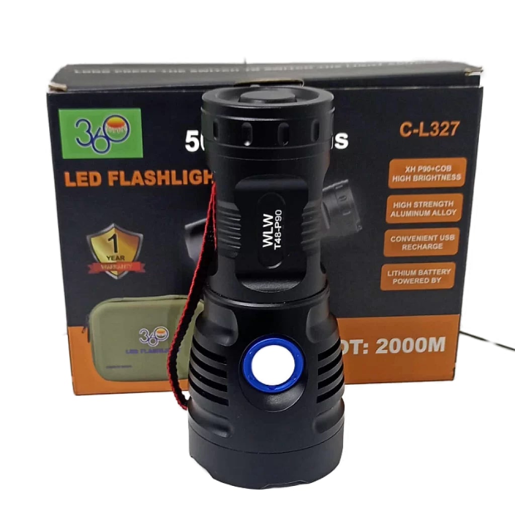 360 LED flashlight, waterproof, powered by “batteries”