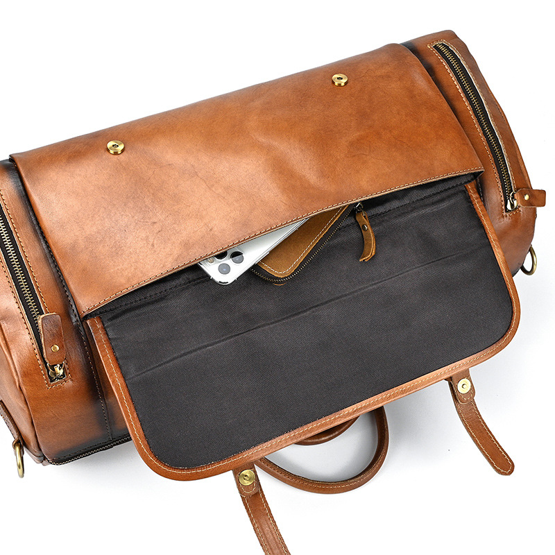 Men's genuine cowhide leather handbag for travel large with shoe pocket