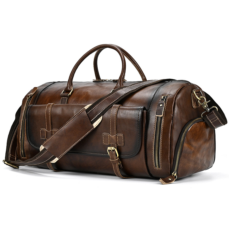Men's genuine cowhide leather handbag for travel large with shoe pocket