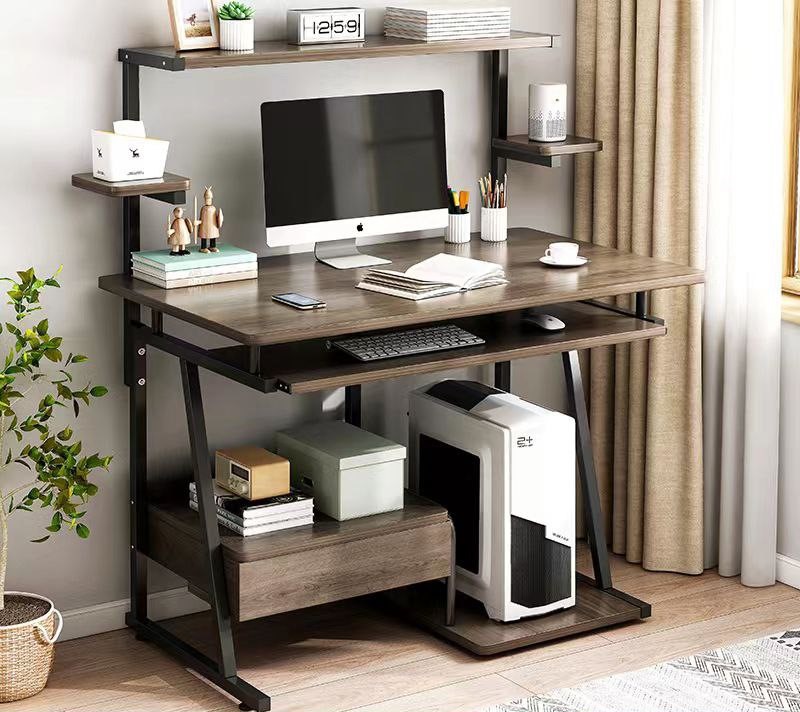 Computer Table with a Metal Structure and Wooden Shelves