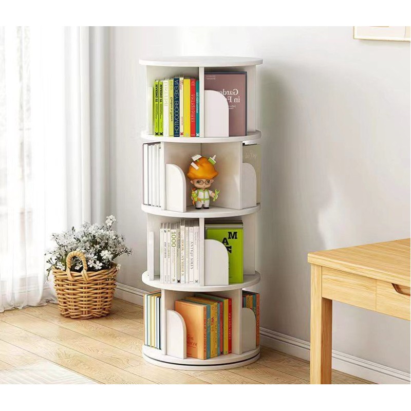 Four-Tiered Round Wooden Bookcase Organizer Decorative Cabinet