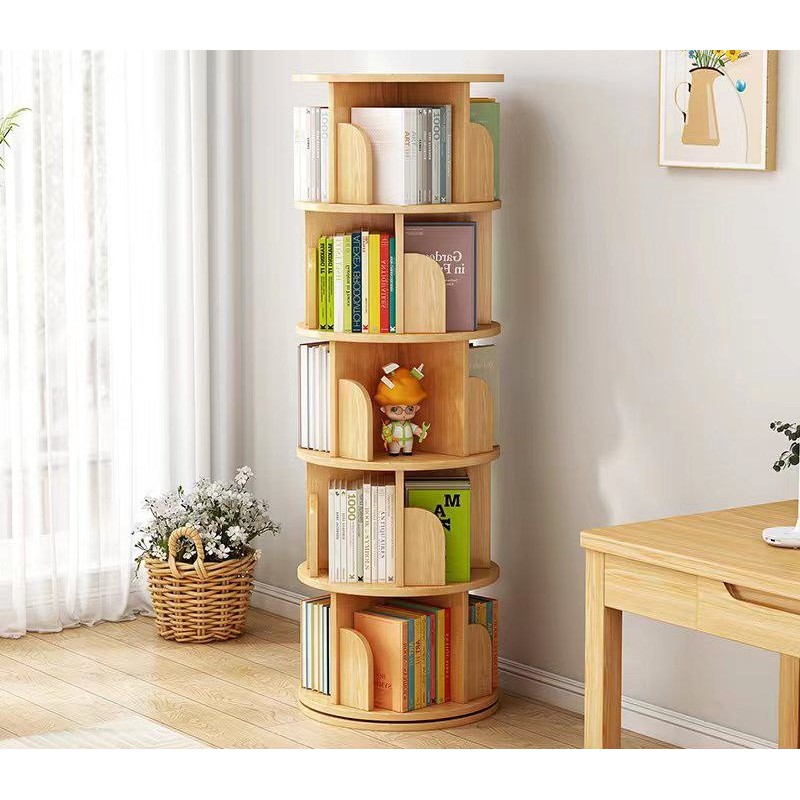 Five-Tiered Round Wooden Bookcase Organizer Decorative Cabinet