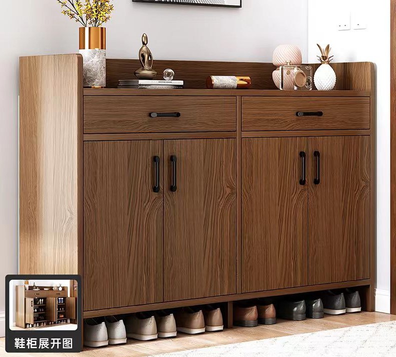 Wide Wooden Shoe Cabinet with Four Drawers - Brown