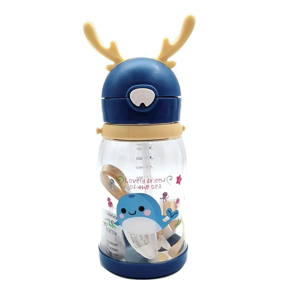 Lovely Deer Horns School Water Bottle for Kids with Characters Straw