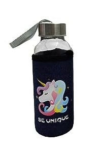 Clear Glass Unicorn Water Bottle with Blue Cap - 300 ml