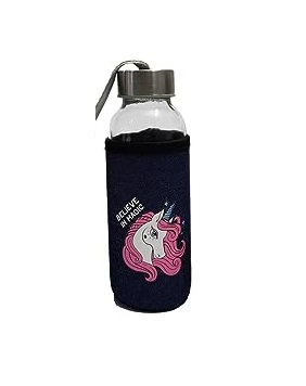 Clear Glass Unicorn Water Bottle with Blue Cap - 300 ml
