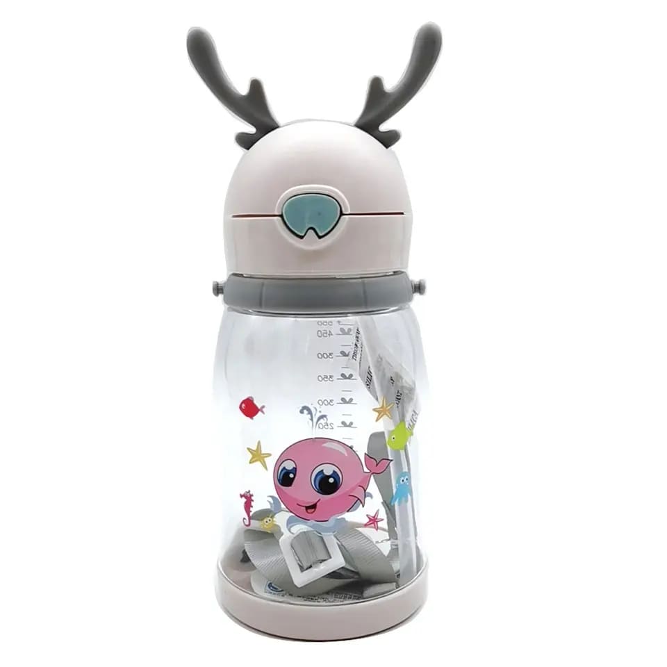 Lovely Deer Horns School Water Bottle for Kids with Characters Straw