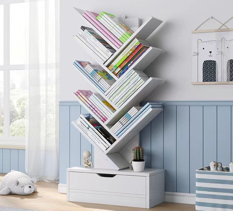 Tree-shaped wooden book organizer with bottom cabinet