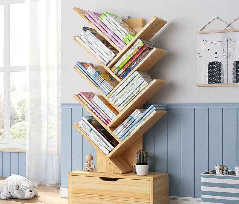Tree-shaped wooden book organizer with bottom cabinet