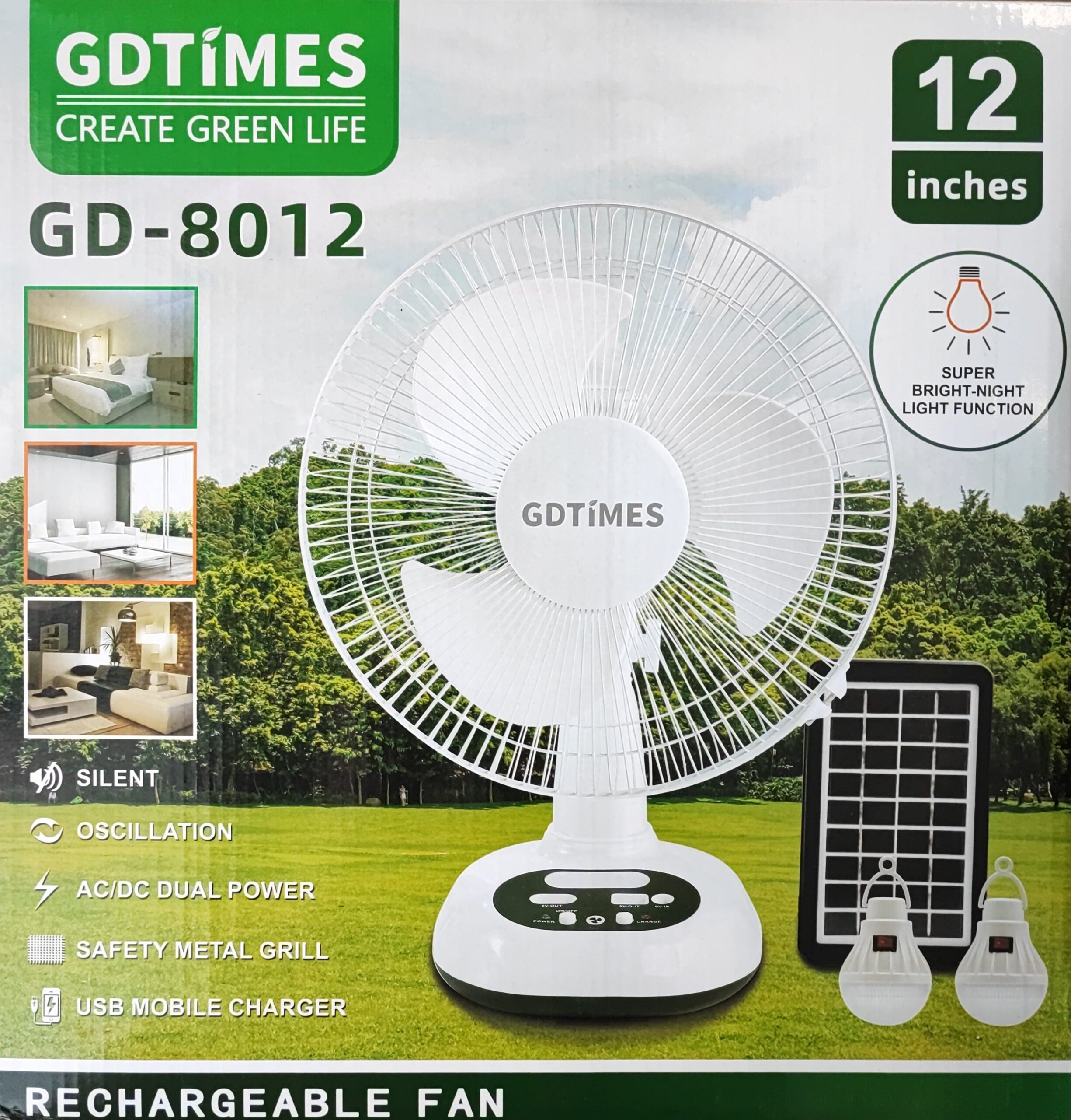 GDTIMES 12Inch Solar Rechargeable Fan and LED Light Kit