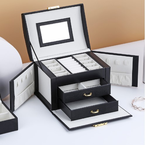 Three-tier Storage Jewelry Box with Mirror - Black