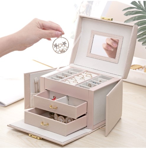 Three-tier Storage Jewelry Box with Mirror - Pink