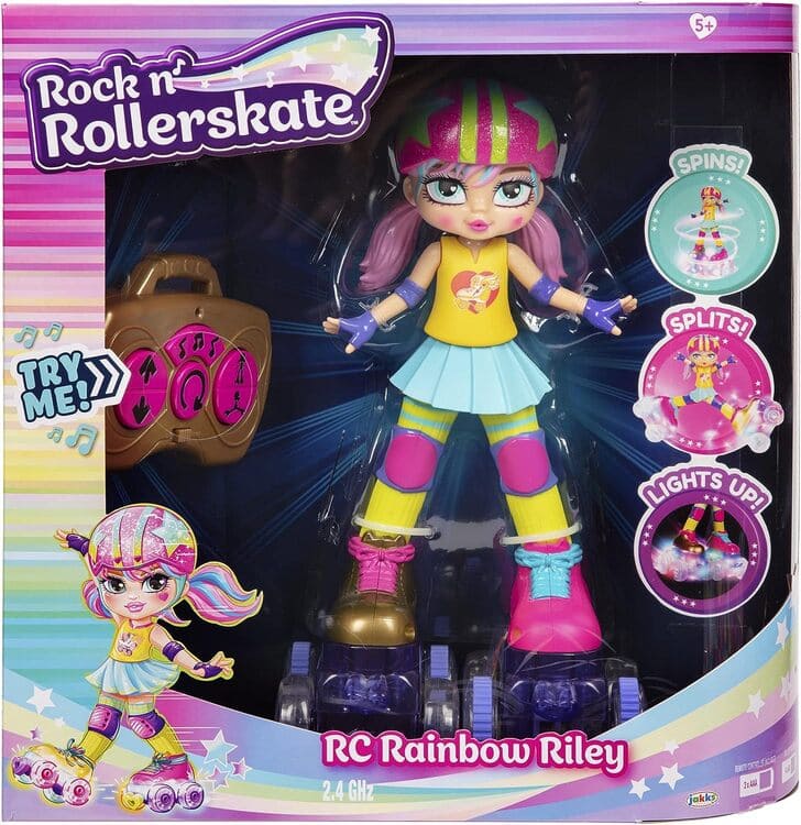 Rock N Rollerskate Doll Rainbow Riley Light Up Remote Control Rollerskating Doll - Plays Music and Skates!, 10" H