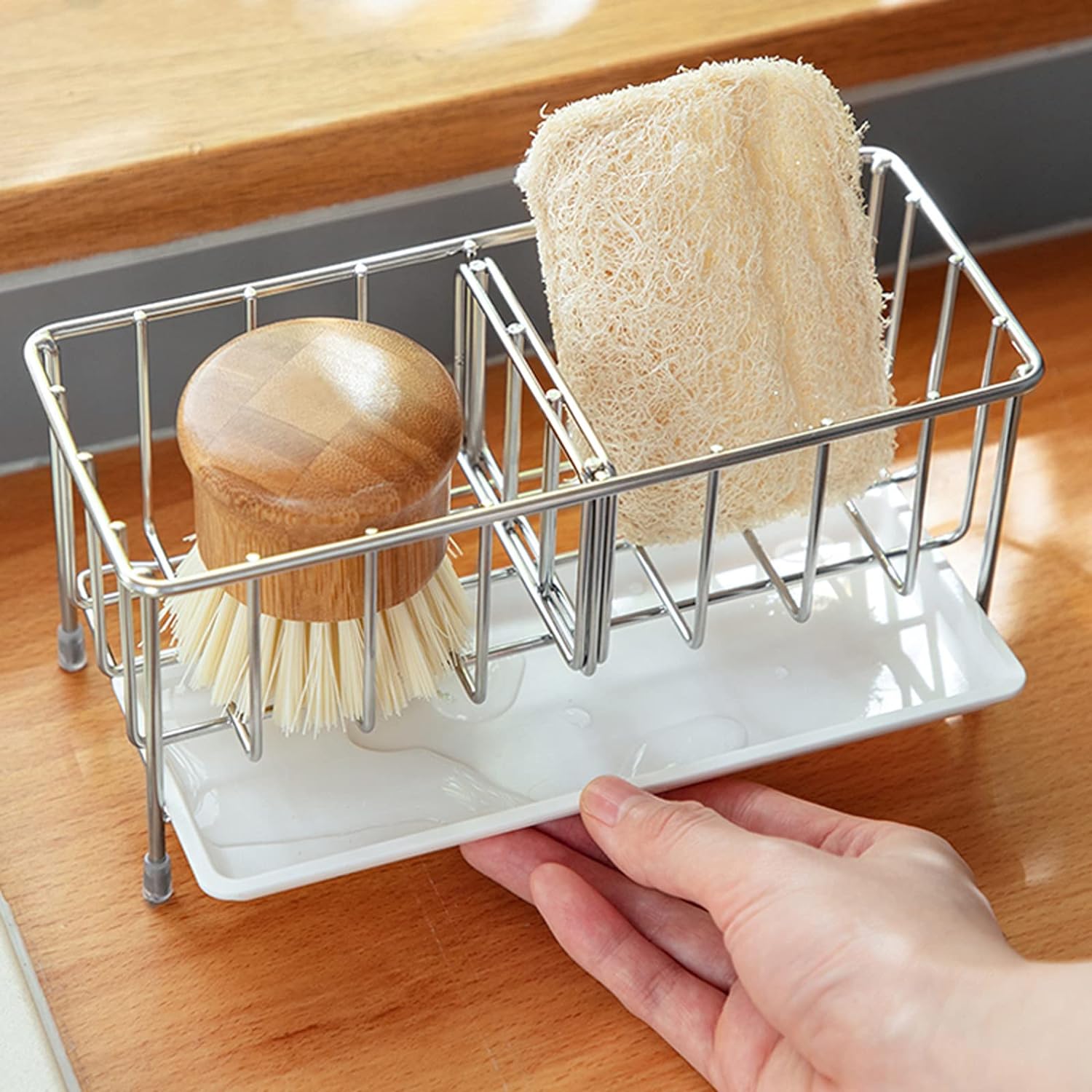 Kitchen Sink Caddy Sponge Brush Soap Holder with Drain Pan