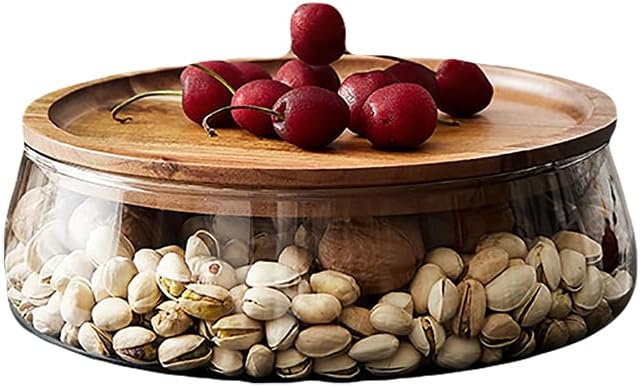 Glass Fruit Bowl With Wood Lid Nuts Candy Platter Container Storage Display Home Housewarming Gift