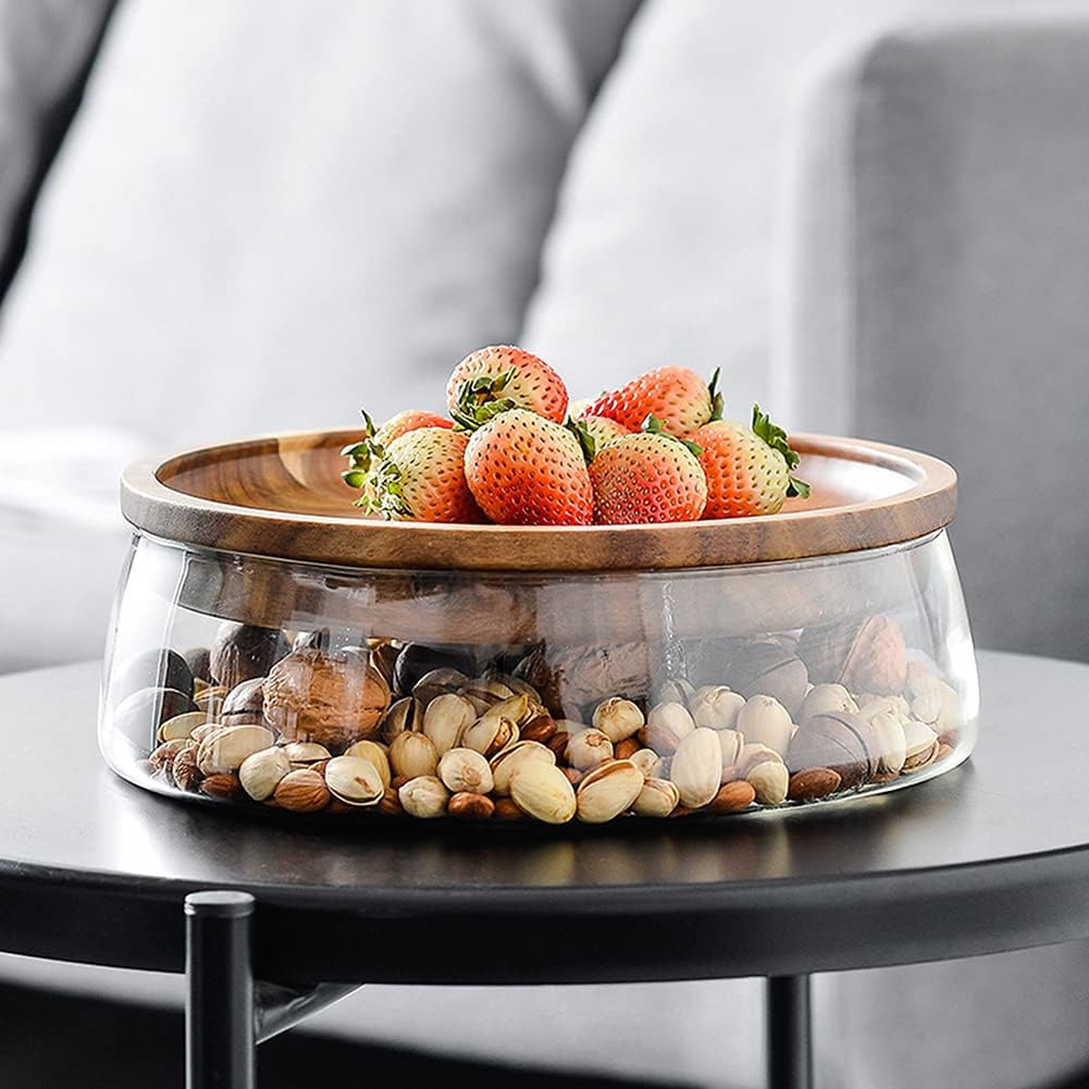 Glass Fruit Bowl With Wood Lid Nuts Candy Platter Container Storage Display Home Housewarming Gift