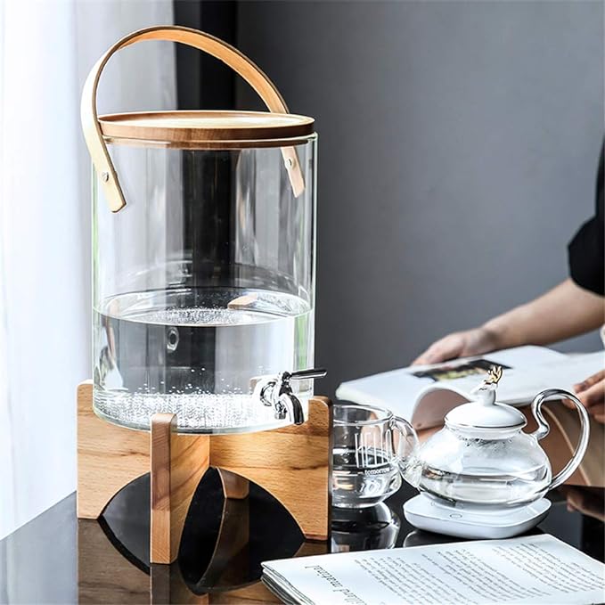 7 Liter Glass Beverage Dispenser with Wooden Stand with Stainless Steel Faucet
