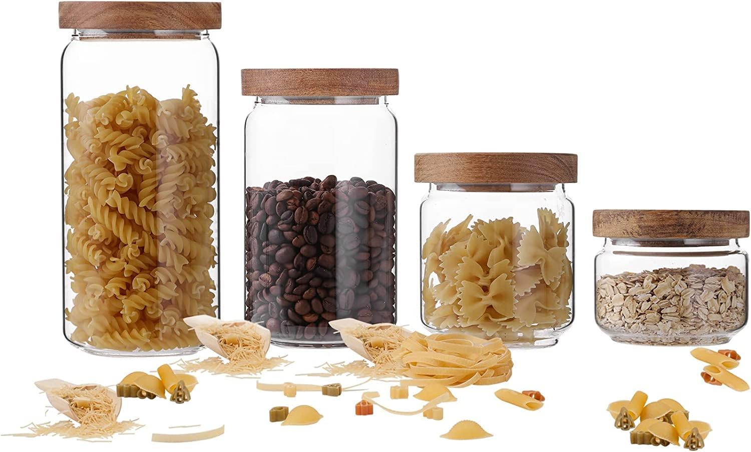 Borosilicate glass containers with a sealed lid of acacia wood for the kitchen, multi-size, 4 pieces
