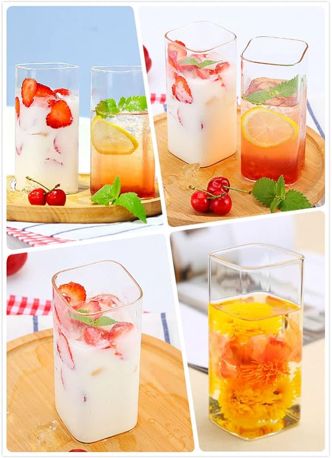 Elegant glass cups for water and juice. Square glass cups
