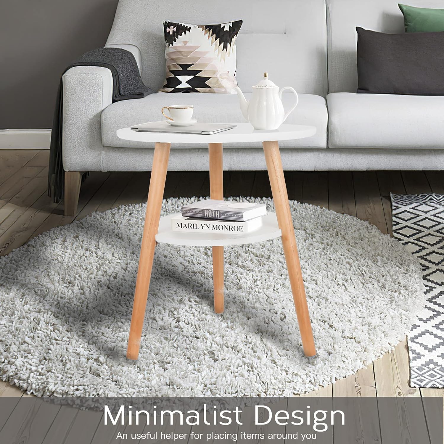 Small white round side table with three wooden legs for living room