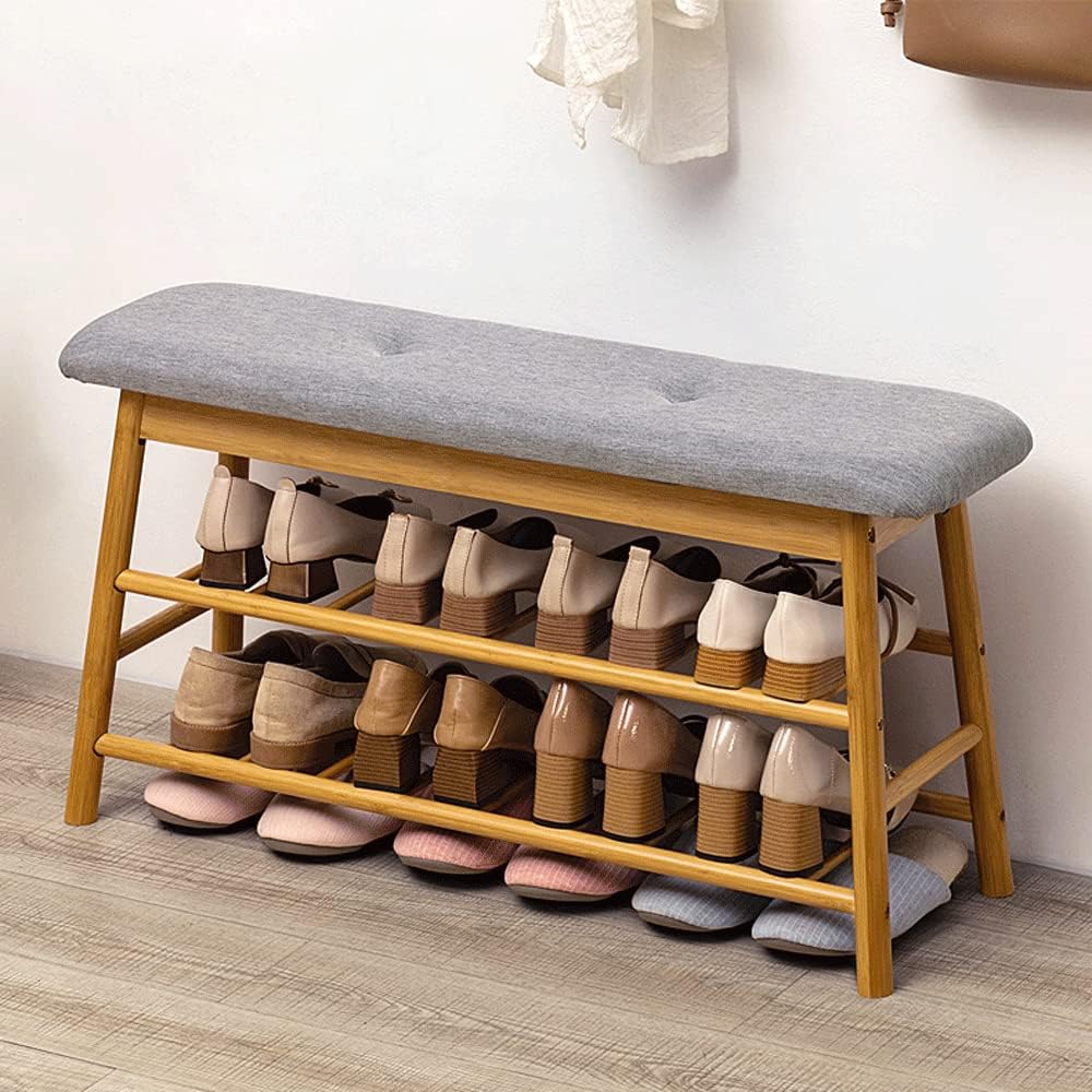 Large 2-Tier Shoe Rack 90 x 44 x 27cm, Rattan Shoe Organizer with Padded Seat
