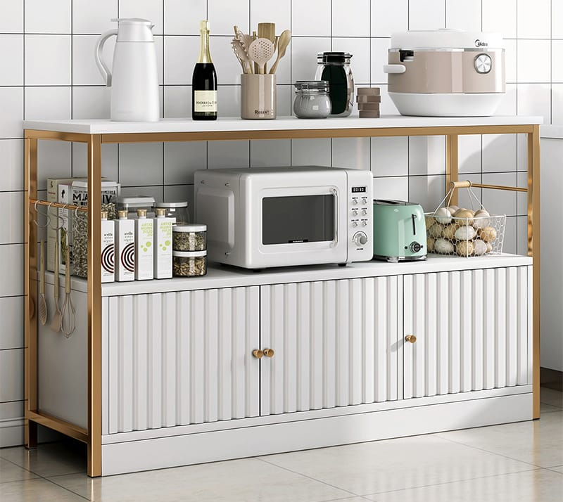 Luxurious kitchen cabinet with 3 bottom shelves, white and gold
