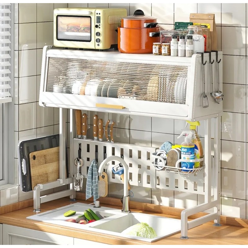 Lockable dish drying rack with places to organize kitchen utensils
