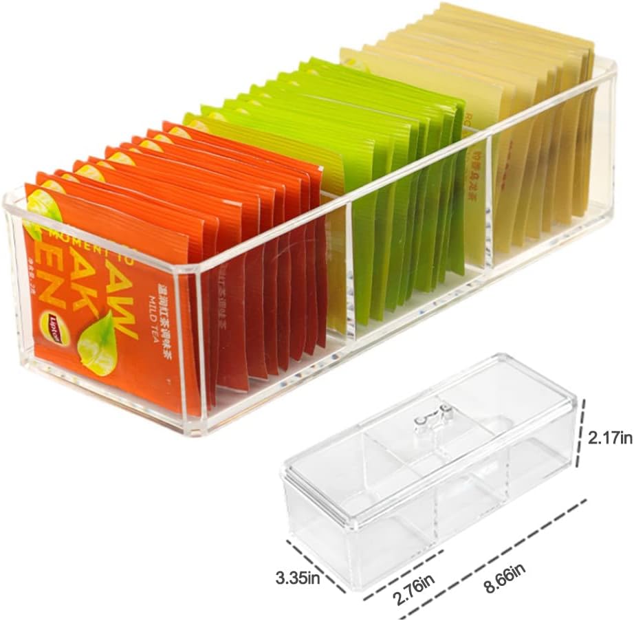 Stackable tea bag organizer with lid for use in your kitchen cabinet and pantry