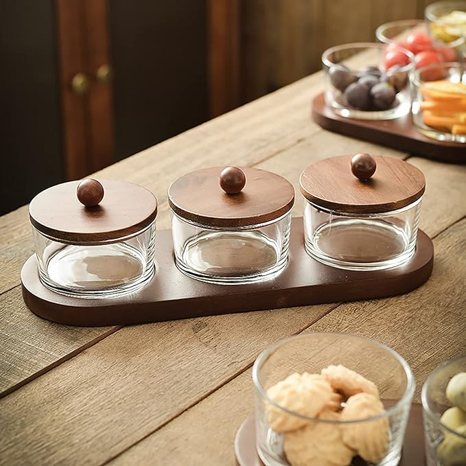 1 Set Nut Dish With Lids And Wooden Tray, Dried Fruit Dish