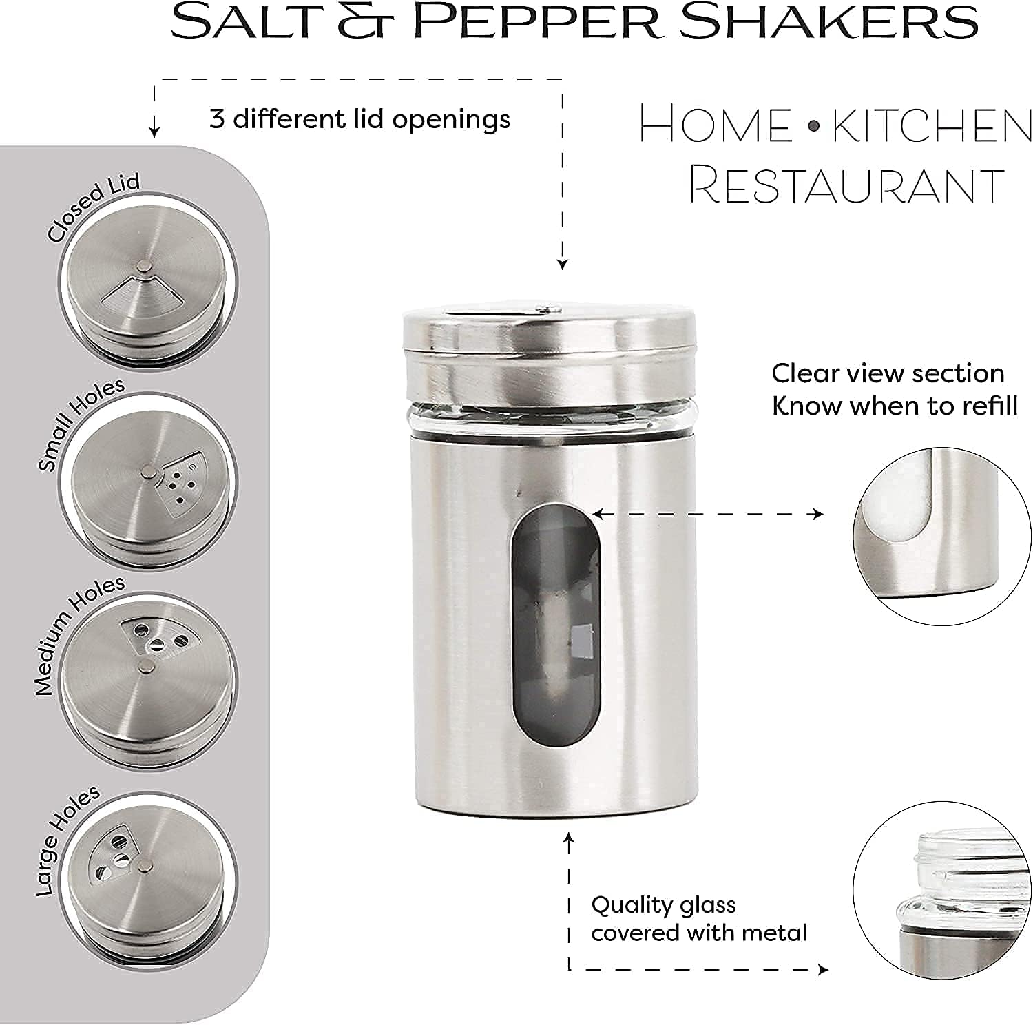 Classic Look Clear Glass Window Salt & Pepper Sprinkler with Stainless Steel Lid and Rack