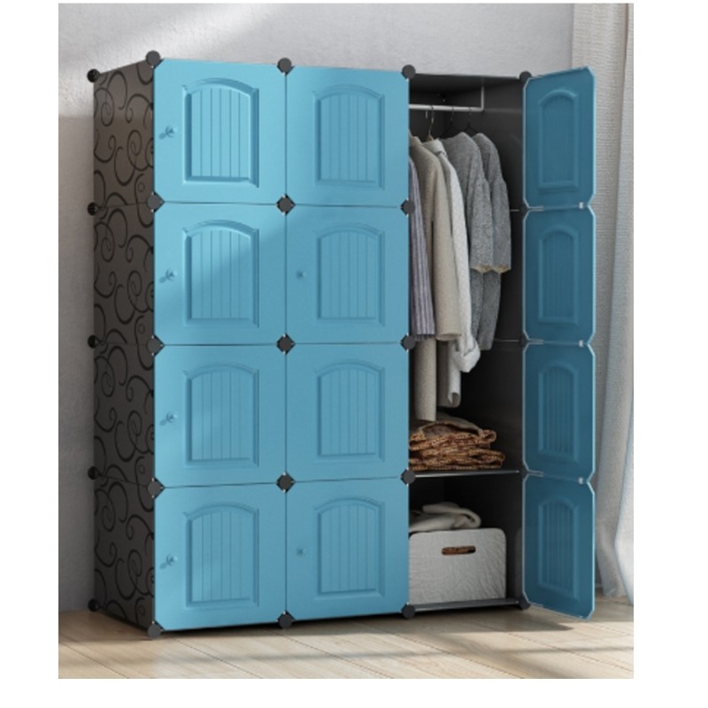 Plastic closet with 3 racks with a place to hang clothes
