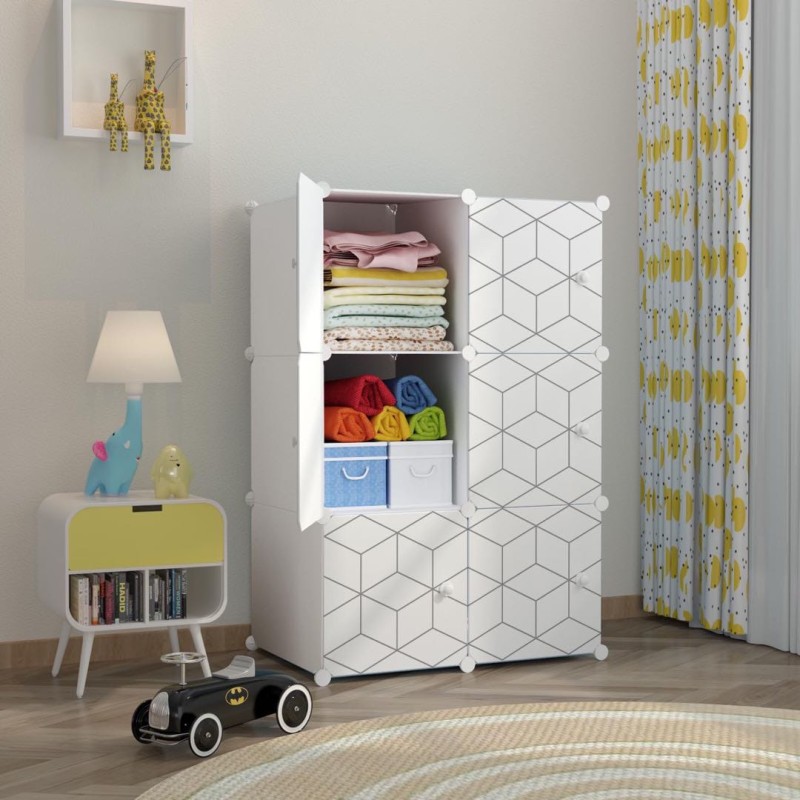 White plastic children's wardrobe consisting of 6 boxes and a place for hanging clothes