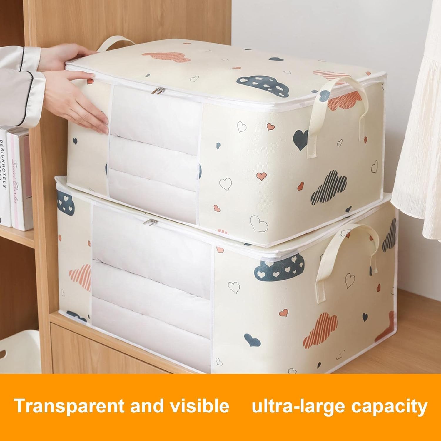 Closet organizing storage containers with sturdy handles for clothes, blankets and quilts