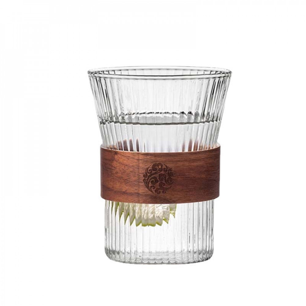 Japanese-style glass cup with wooden handle for hot and cold drinks, 320 ml