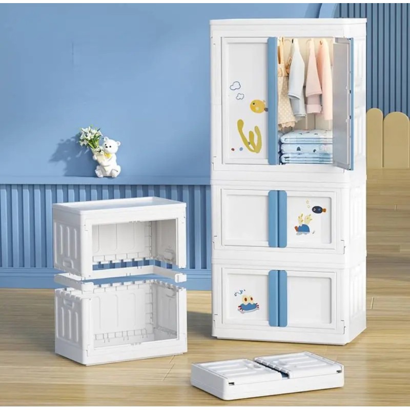 Deluxe plastic children's wardrobe made up of foldable boxes that can be easily stored