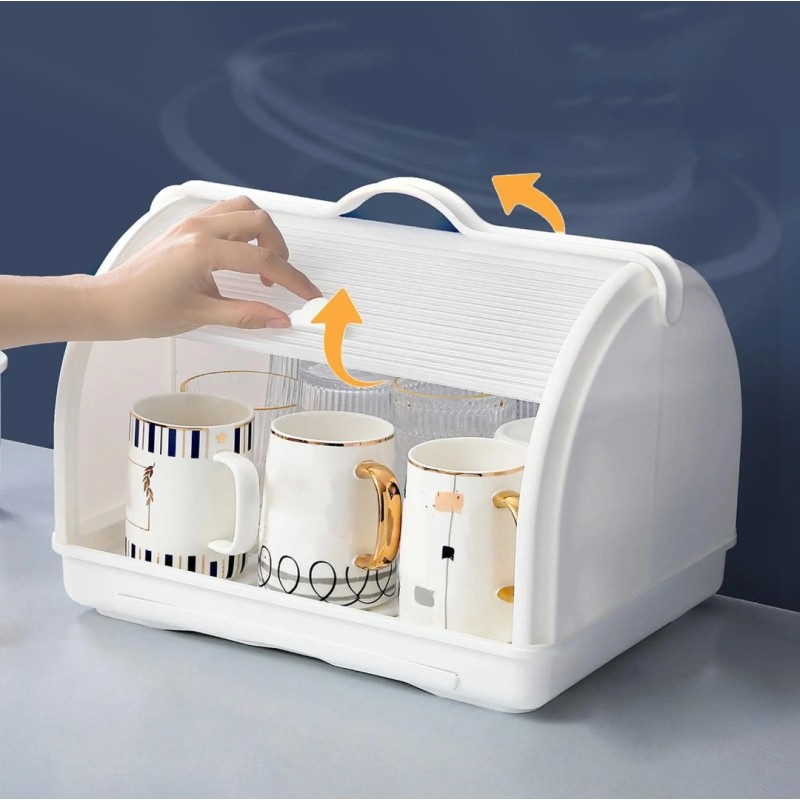 A plastic box with a lid to dry and maintain the sterilization of baby bottles and supplies