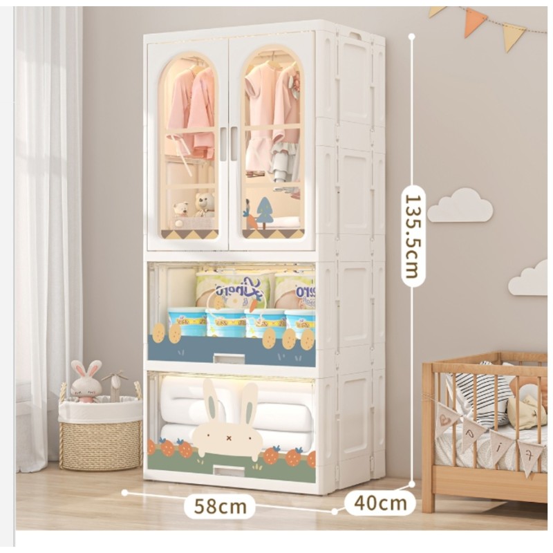 Plastic cabinet with a place to hang clothes and bottom drawers to organize baby supplies