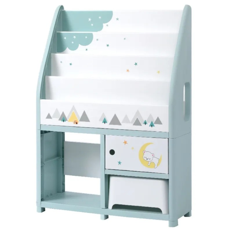 Plastic bookshelves with a cabinet and bottom for organizing baby items and a seat